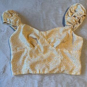 SHEIN Yellow and White Puff Sleeve Bustier Crop Top